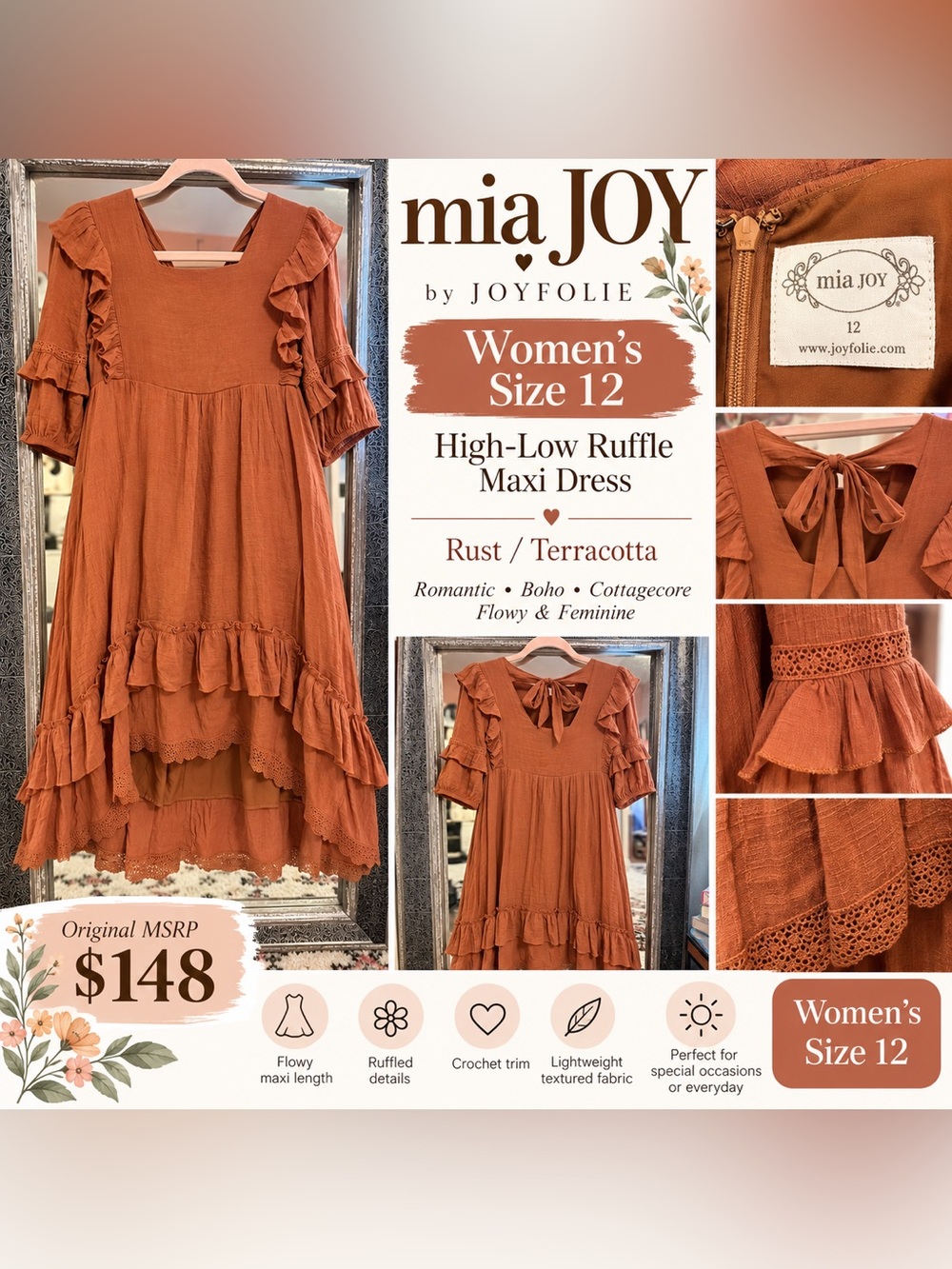 mia JOY Rust High-Low Ruffle Maxi Dress